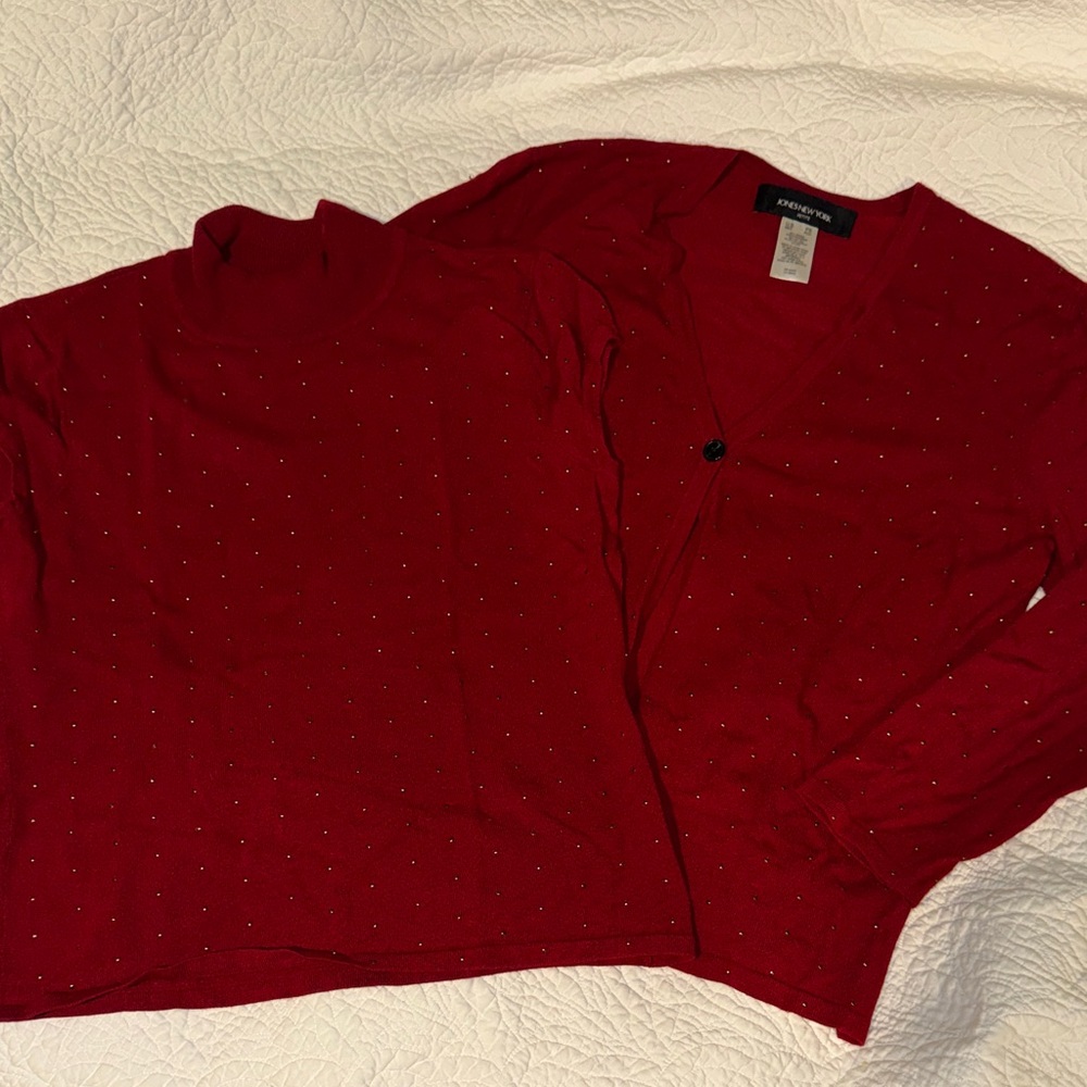 Jones New York Red Knit Top and Cardigan Set with Rhinestone Detail